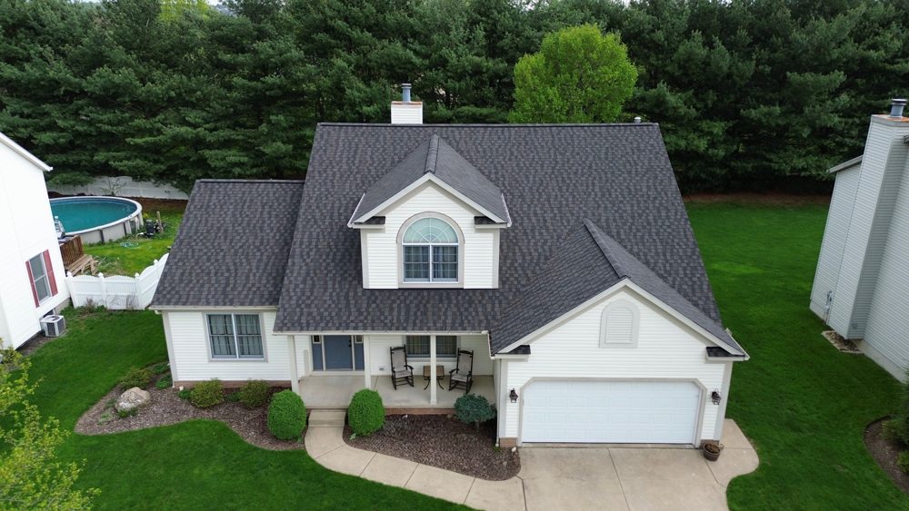 Aerial drone photo of a completed Firestone roofing project in Northeast Ohio