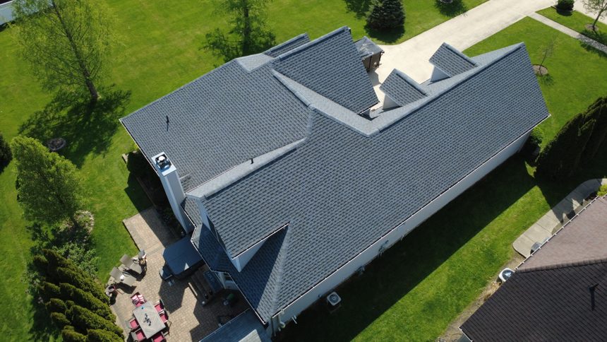 Aerial drone photo of a completed Firestone roofing project in Northeast Ohio
