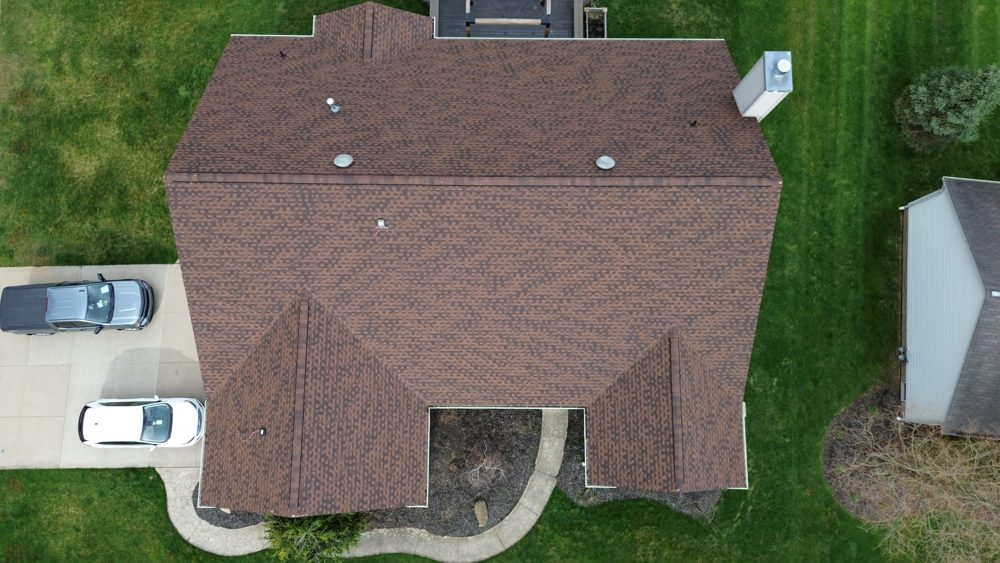 Aerial drone photo of a completed Firestone roofing project in Northeast Ohio