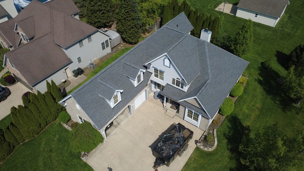 Aerial drone photo of a completed Firestone roofing project in Northeast Ohio