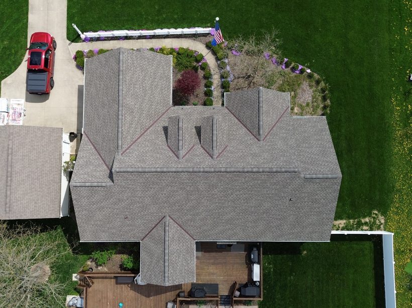 Aerial drone photo of a completed Firestone roofing project in Northeast Ohio