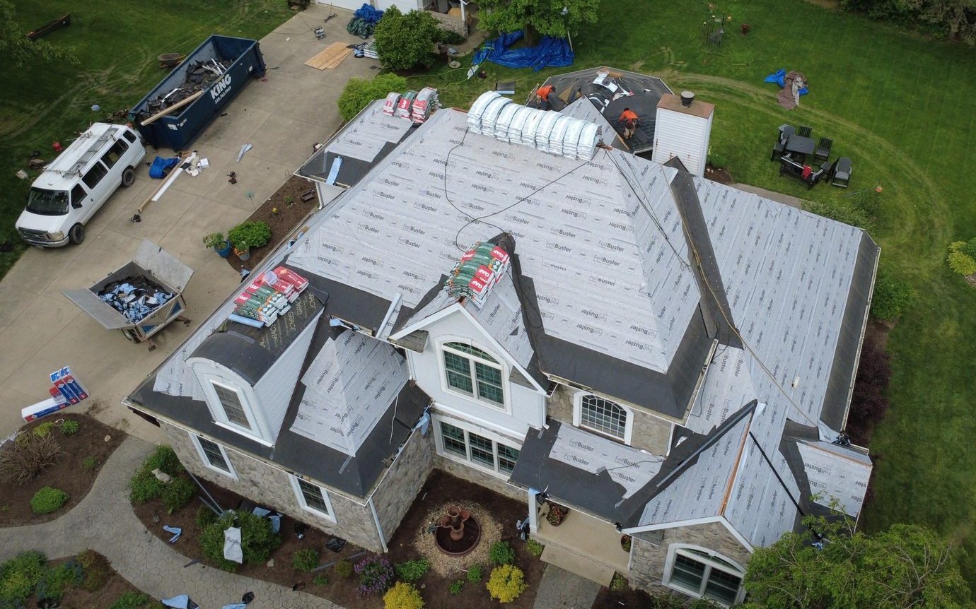 Completed Firestone roofing project in Seville, Ohio, captured by aerial drone over Medina County.