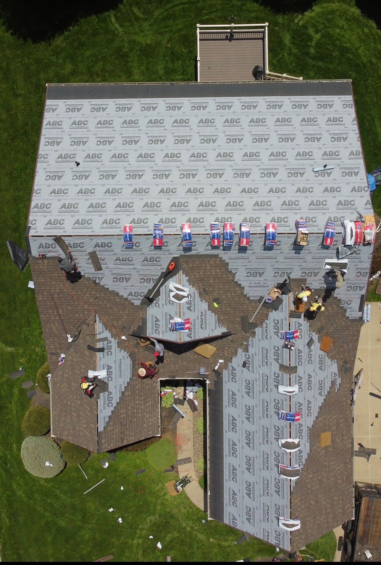 Aerial drone photo of a completed shingle roof on a Northeast Ohio home
